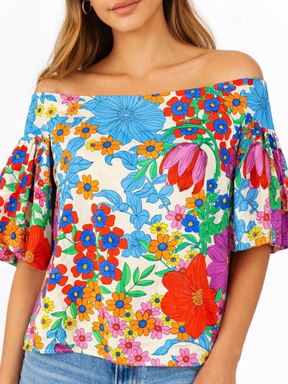 Cotton H&M Floral Print Off-Shoulder Blouse Top Puff Sleeve Sz 6